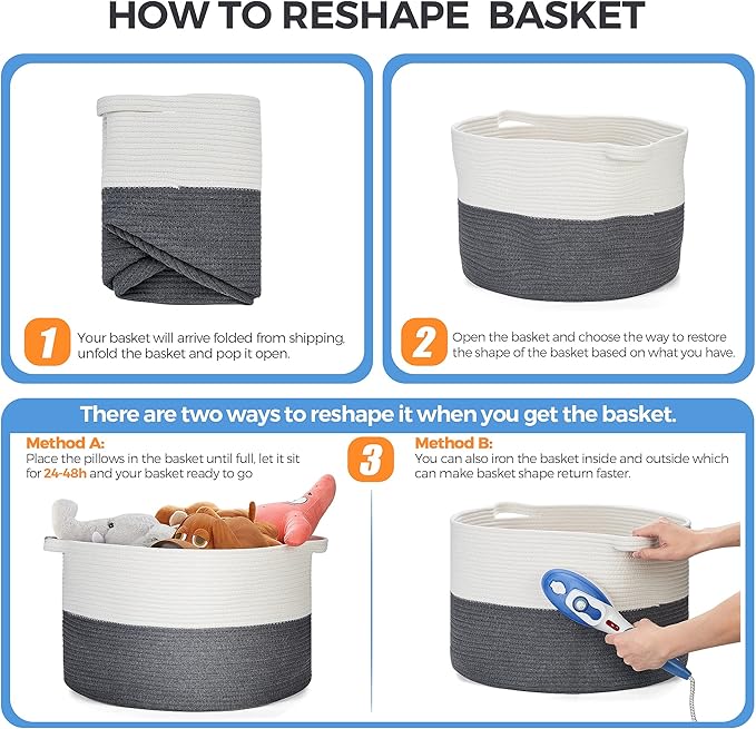 Ravinte Blanket Basket - 20"x 20"x 13" Cotton Rope Basket for Living Room, Baby Toy Storage Basket, Large Woven Laundry Basket (White-DarkGray)