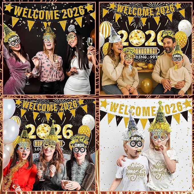 2026 New Year Eve Party Supplies for 24 Guests - New Years Decorations Black Gold, Large Happy New Year 2026 Banner , Glitter Cone Hats , Welcome Banner, Headwear, Eyeglasses and Party Blowers