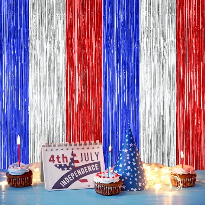 2 Pack 4th of July Decorations, 3.28 FT x 7.05 FT 250 Anniversary Tinsel Backdrop, Red Silver Blue Fringe Curtains Streamer Backdrop, Independence Day Photo Backdrop Party Supplies