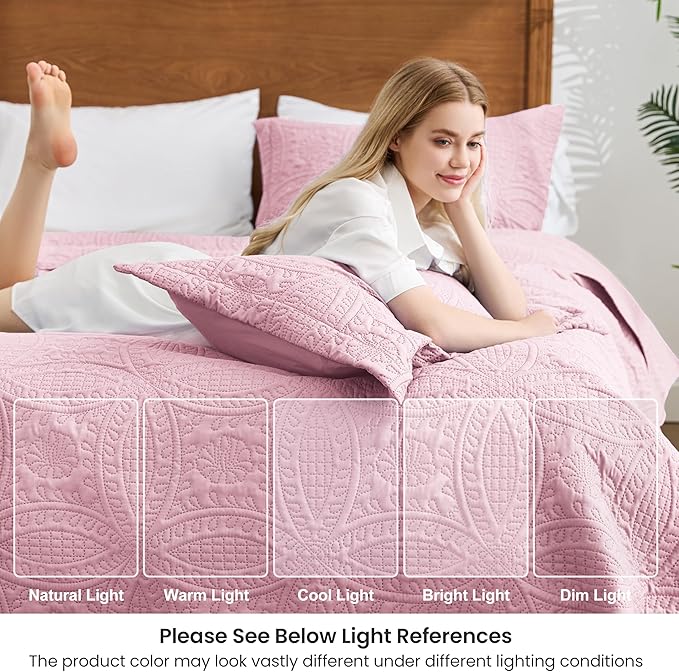 Love's cabin Oversized King Size Quilt Bedding Set Pink Bedspreads - Oversized King Lightweight Bedspread Comforter - Coin Pattern Coverlet for All Season - 3 Pieces (1 Quilt, 2 Pillow Shams)