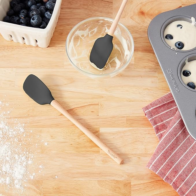 Tovolo Large Spoon Spatula Wooden Handle Set for Cooking & Baking, Heat Resistant Safe for Cast Iron BPA Free Silicone Mixing Tool Natural Wood Perfect for Scraper Mixing Spooning, Charcoal Gray