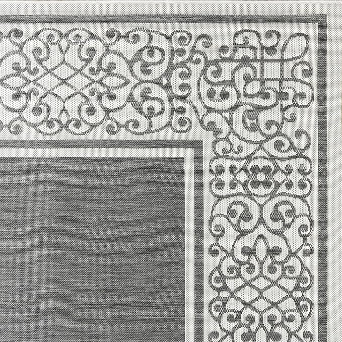 Gertmenian Indoor/Outdoor Flatweave Area Rug - 8x10 Large, Stain & UV Resistant, Ideal For Deck, Patio, Poolside, Mudroom - Abstract Border, Dark Grey White, 22947