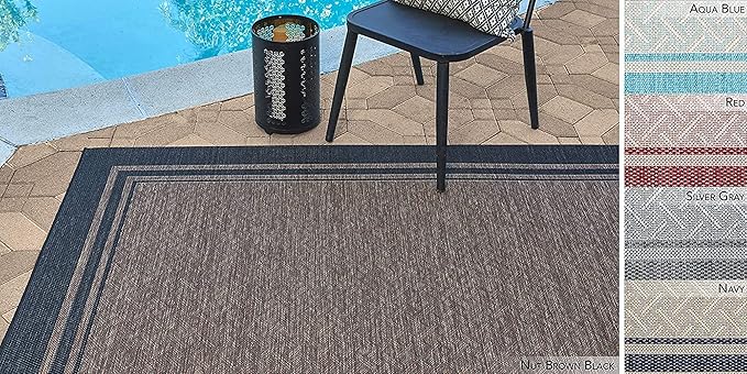 Gertmenian Indoor/Outdoor Flatweave Area Rug - 8x10 Large, Stain & UV Resistant, Ideal For Deck, Patio, Poolside, Mudroom - Simple Border, Black, 21359