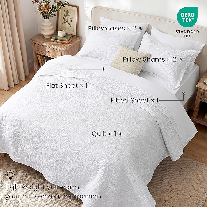 Love's cabin King Quilt Set White, Bed in a Bag King Size Bedding 7 Pieces, Ultrasonic Embossed Coin Pattern Comforter, Lightweight Bedspreads for All Seasons Quilt with Sheets, Pillowcases & Shams