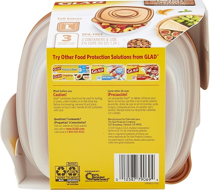 Glad GladWare Home Collection Tall Entree Food Storage Containers with Copper Metallic Lids, Large Square No BPA Plastic for Meal Prep and Lunches, Lock Tight Seal, 42 Oz, 3 Count - 6 Pack