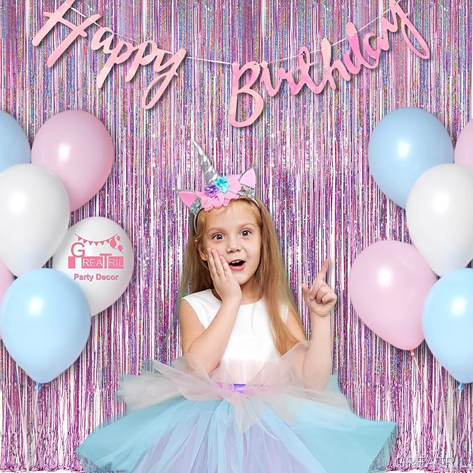 Pink Tinsel Curtain Party Backdrop - GREATRIL Foil Fringe Curtain Lilac Pink Party Streamers for Birthday Girl Themed Party Decorations - 2 Packs