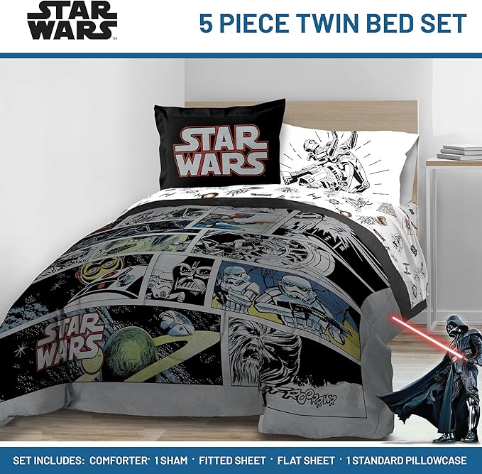 Jay Franco Star Wars Comic Book Twin Size Comforter Set - 5 Piece Bedding Includes Sheet Set & Pillow Covers - Super Soft Cozy Kids Bedding