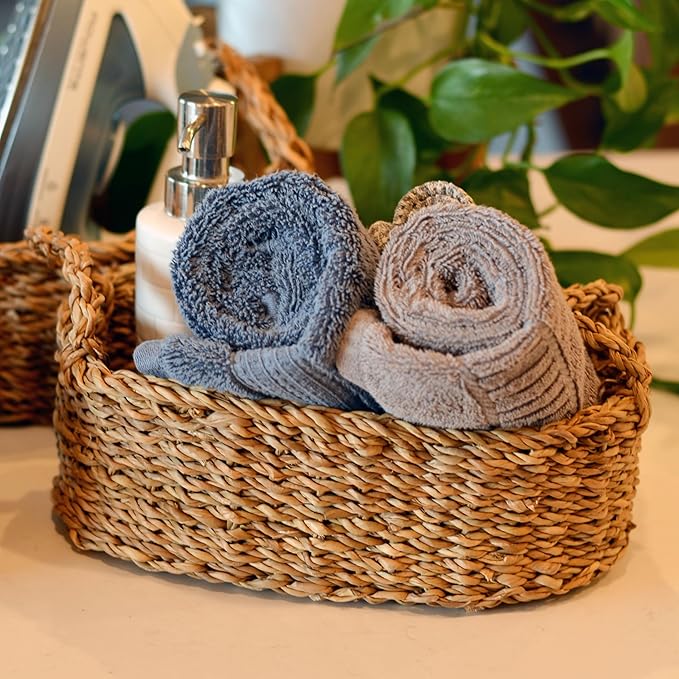 WHW Whole House Worlds Seagrass Baskets, Set of 3, Thick Chunky Sweater Weave, Decorative Vanity Organizers, Closet Storage Bins, Oval, 13.75, 11.75, and 9.5 Inches