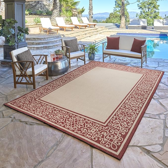 Gertmenian Indoor/Outdoor Flatweave Area Rug - 8x10 Large, Stain & UV Resistant, Ideal For Deck, Patio, Poolside, Mudroom - Abstract Border, Red Tan, 22967