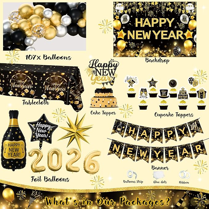 2026 New Year's Eve Party Decorations, Happy New Year Party Supplies Indoor Kit, 2026 Black Gold New Year Eve Party Decorations with Balloon Garland Banner Backdrop Foil Balloon Cake Cupcake Toppers