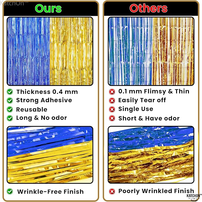 KatchOn, Blue and Gold Fringe Backdrop for Parties - XtraLarge, Pack of 2 | Blue Fringe Backdrop | 2026 Graduation Party Decorations | Graduation Decorations 2026