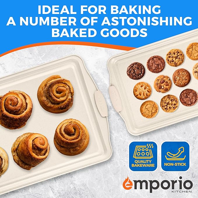 Emporio Kitchen Baking Pan Set - Nonstick Coating, Carbon Steel Bakeware Set with White Silicone Handle, PFOA, PFOS, PTFE Free, Recipe Booklet Included, Oven Safe Tray (Up To 450° F), Set of 3 - White