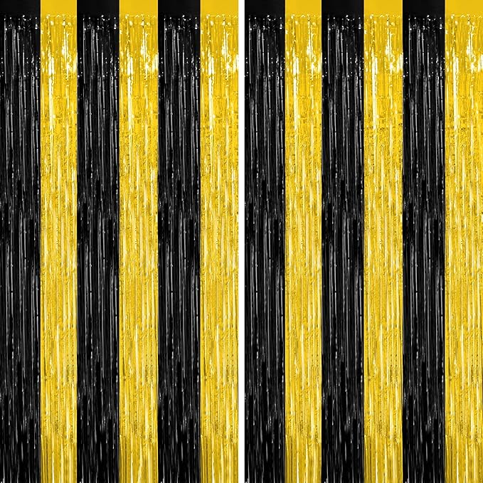 2 Pack Graduation Backdrop, 3.28 FT x 7.05 FT Black and Gold Foil Fringe Curtains, Metallic Foil Curtain Graduation Backdrop, Grad Party Supplies Black and Gold Party Decorations Class of 2026