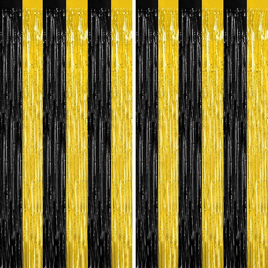 2 Pack Graduation Backdrop, 3.28 FT x 7.05 FT Black and Gold Foil Fringe Curtains, Metallic Foil Curtain Graduation Backdrop, Grad Party Supplies Black and Gold Party Decorations Class of 2026