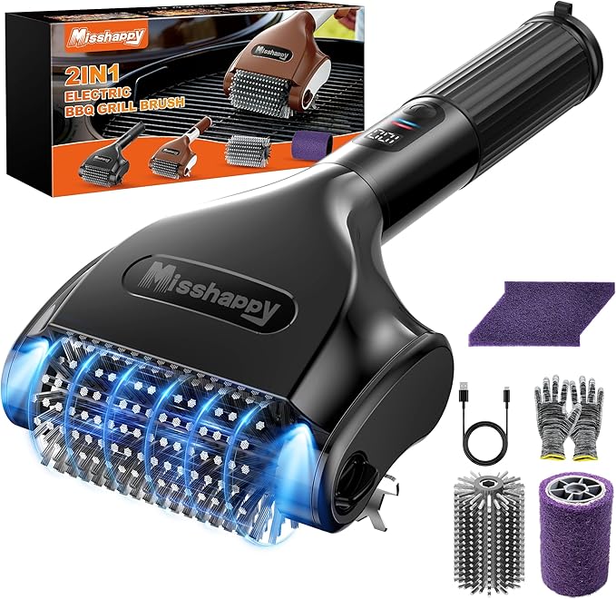 Electric Grill Brush - 4000mAh Cordless BBQ Grill Cleaner 2 Speed - 800RPM Bristle Free BBQ Grill Cleaner Tool Rechargeable with Scraper/LED Light/LED Display for Outdoor/Camping (Black)