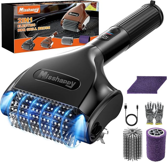 Electric Grill Brush - 4000mAh Cordless BBQ Grill Cleaner 2 Speed - 800RPM Bristle Free BBQ Grill Cleaner Tool Rechargeable with Scraper/LED Light/LED Display for Outdoor/Camping (Black)