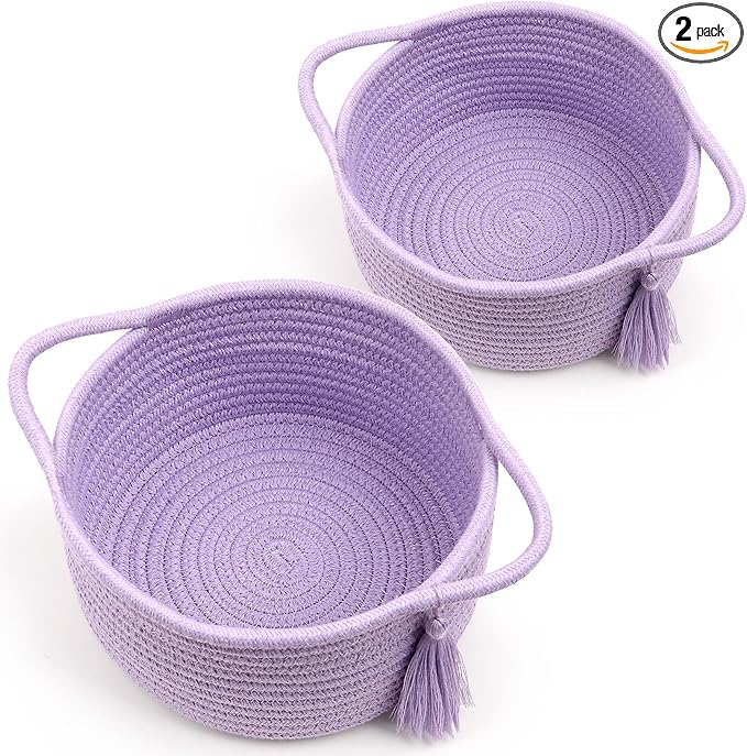 Small Purple Gift Basket Empty to Fill - SweetMemo Cute Woven Rope Organizer Baskets for Baby Shower, Vanity, Makeup, Bathroom, Decoration, Girls Room - Mini Cotton Storage Bins - 2 Pack