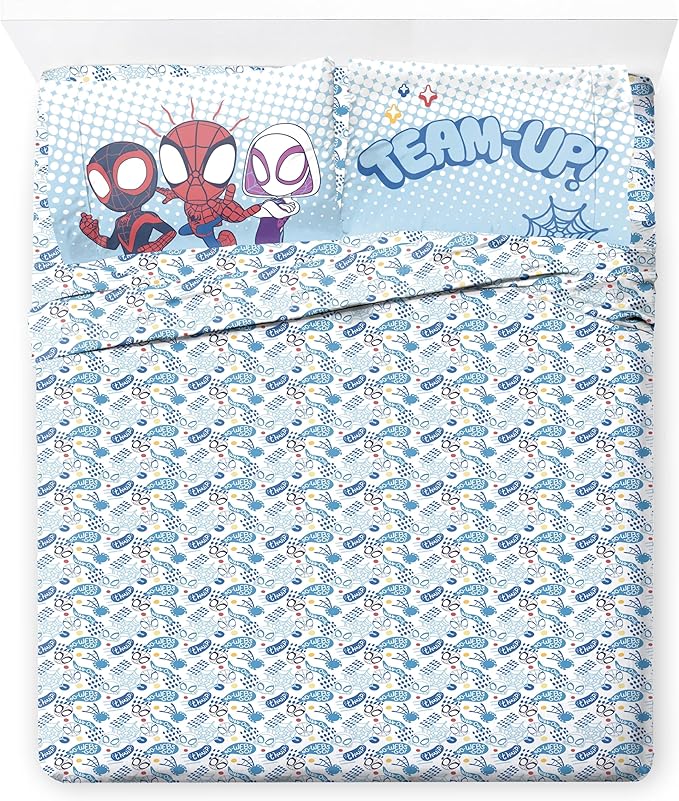 Jay Franco Kids Sheet Set with Fitted, Flat Sheets & Pillow Cover - Ultra-Soft Bedding with Pillowcase for Room Decor, Multi - Spidey & Friends, 4 Piece Queen