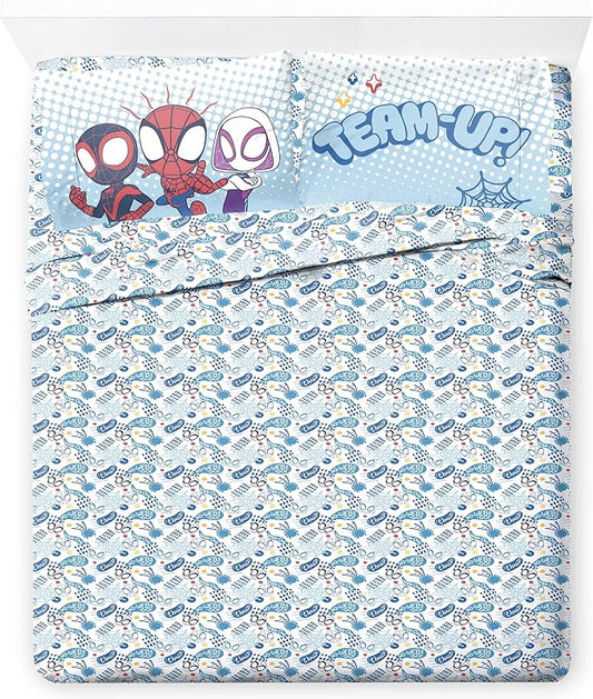 Jay Franco Kids Sheet Set with Fitted, Flat Sheets & Pillow Cover - Ultra-Soft Bedding with Pillowcase for Room Decor, Multi - Spidey & Friends, 4 Piece Queen