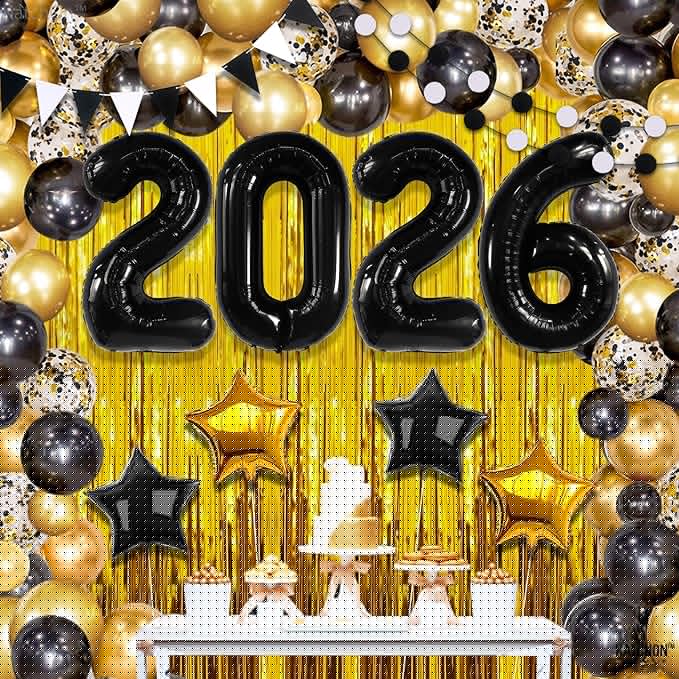 KatchOn, New Years Decorations 2026 Set - Huge, Pack of 85 | Black Gold Stars Balloon, Gold Fringe Curtain Backdrop, 2026 Balloons | New Years Eve Party Supplies 2026, Next Years Birthday Party Decor