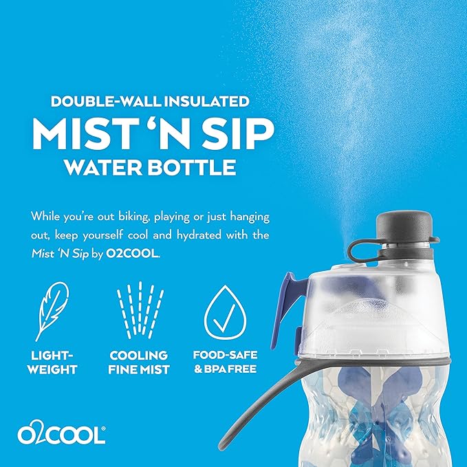 O2COOL Mist 'N Sip Misting Water Bottle 2-in-1 Mist And Sip Function With No Leak Pull Top Spout Reusable Sports Water Bottle - 20 oz (Blue Camo)