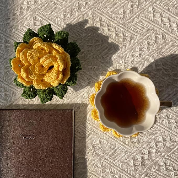 DICHA Sunflower Crochet Coasters with Plant Pot-Container Beverage Coaster Sets with Holder Bar Coasters for Drinks Coffee Table Desk-Succulent Plant Pot Coaster-Set of 5