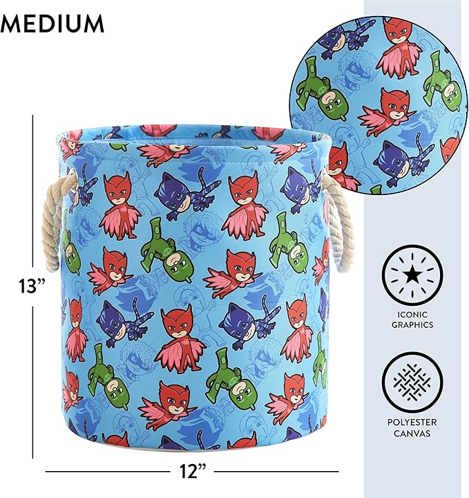 PJ Mask 3 Piece Multi Size Fabric Nestable Toy Storage Basket Set, with Rope Carry Handles