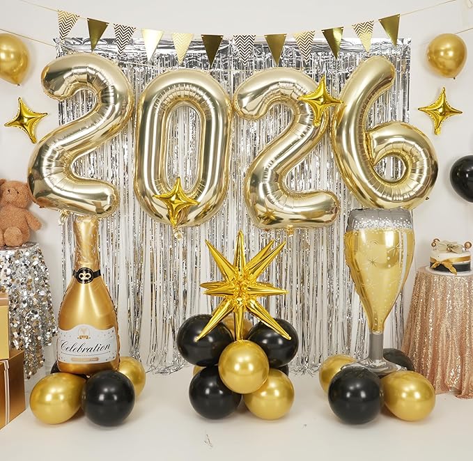 Light Gold 2026 Balloons, 40 Inch Number Champagne Gold Foil Balloons, Gold Star Balloon Champagne Bottle Glass Balloon for Happy New Years Eve Party Supplies 2026 Class of 2026 Graduation Decorations