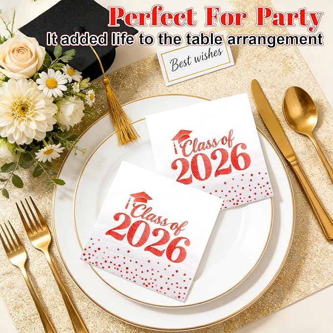 Graduation Napkins - Class of 2026 Napkins Disposable Paper Napkins Congrats Grad Cocktail Napkins Graduation Decorations 2026 Red Napkins Hand Towels for College Graduation Party Decorations 50 Pcs