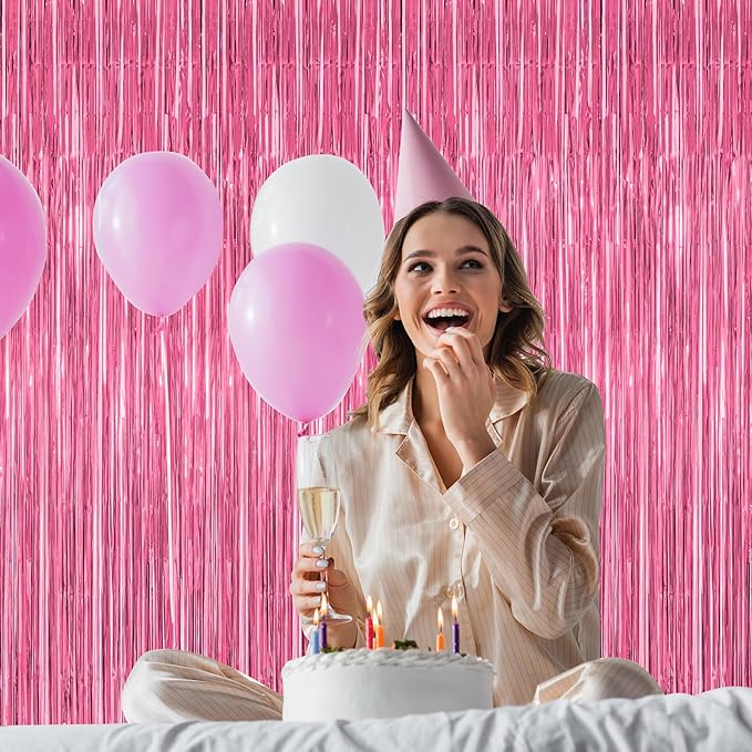 ZATAYE 12 Pack Pink Backdrop, 3.28 FT x 7.05 FT Foil Fringe Curtains, Metallic Pink Tinsel Curtain Party Streamer Birthday Backdrop for Girl, Valentines Day Decorations Bachelorette Party Supplies