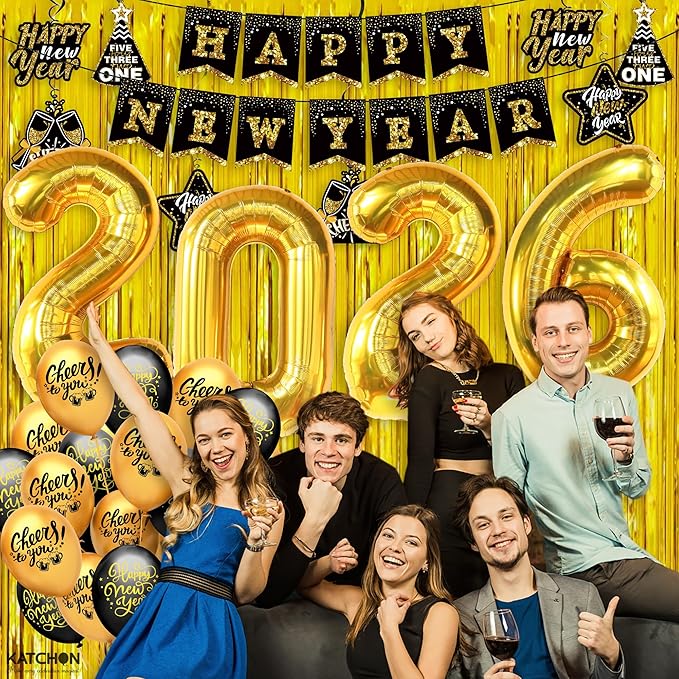 KatchOn, Huge New years Decorations 2026 Set - Pack of 35 | Gold Fringe, Black and Gold Happy New Year Banner, 2026 Balloon Numbers | New Year Foil Balloons, Swirls | New Years Eve Party Supplies 2026
