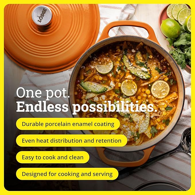 Lodge Essential Enamel Cast Iron Dutch Oven - Perfect for Bread Baking, Braising, Marinating & Slow Cooking - Features Moisture-Sealing Lid & Dual Handles - Kitchen Essentials - 6 Quarts - Pumpkin