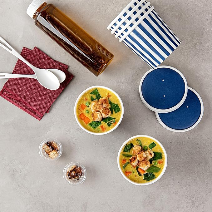 Restaurantware Bio Tek 12 Ounce Soup Containers 200 Durable Soup Bowls - Disposable Sustainable Blue And White Paper Soup Cups Striped Round For Hot Or Cold Foods