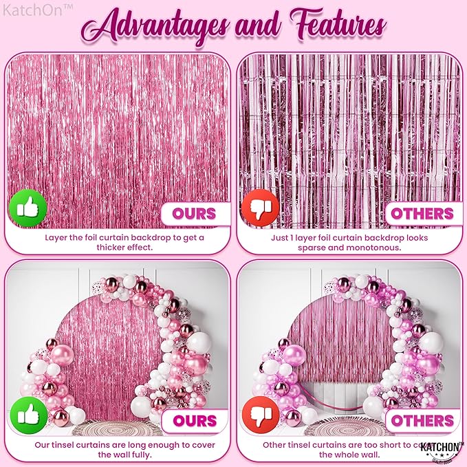 KatchOn, Pink Fringe Backdrop - Large, Pack of 2 | Pink Streamers for Birthday Decorations | Valentines Decor, Galentines Day Decorations, Baby Shower, Gender Reveal, Bachelorette Party Decoration