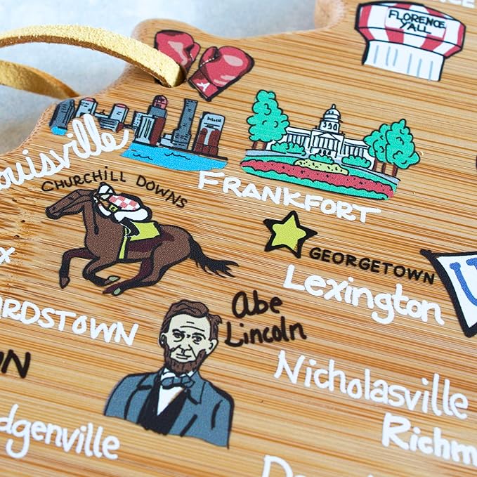 Totally Bamboo Kentucky State Shaped Cutting Board and Charcuterie Serving Platter with Artwork by Fish Kiss, Includes Hang Tie for Wall Display