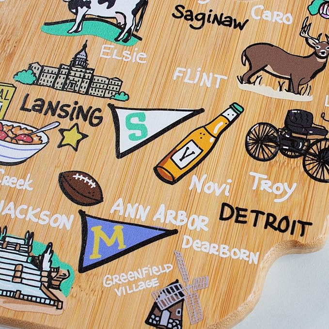 Totally Bamboo Michigan State Shaped Cutting Board and Charcuterie Serving Platter with Artwork by Fish Kiss, Includes Hang Tie for Wall Display