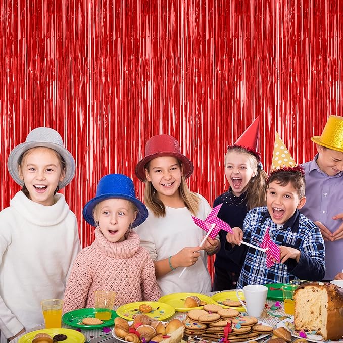 4 Pack Red Backdrop, 3.28 FT x 7.05 FT Party Streamer, Valentines Day Metallic Birthday Tinsel Backdrop Foil Fringe Curtains, Door Streamer for Red Party Decorations Casino Decor Photo Booth Props