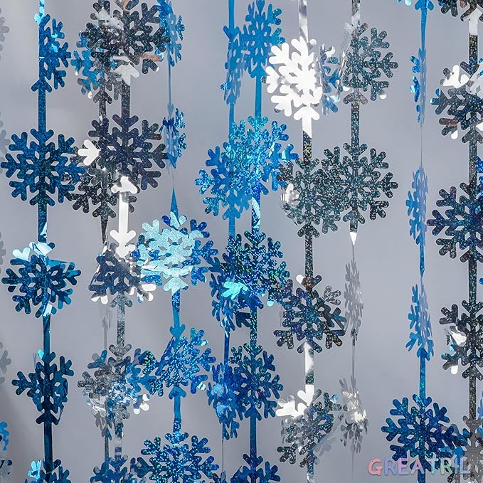 Silver Blue Snowflake Fringe Curtain - GREATRIL Winter Onederland Streamers Backdrop with Sparkling Snowflake for Christmas Birthdays Party Decoration -3.2ft x 6.5ft - 2 Pack