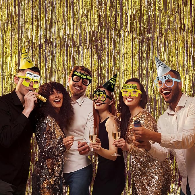 New Years Eve Party Supplies 2026 for 12, New Years Eve Party Decorations, 6 Hat, 6 Glasses, 12 blowouts, 6 Table Centerpiece, 2 Foil Fringe Curtains, 18 Balloons, Great NYE Decorations Pack