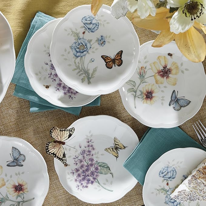 Lenox Dinnerware Set, Butterfly Meadow 6-Piece Tidbit Plate Set, Service For 6, Durable Porcelain Appetizer Plates, Dishwasher And Microwave Safe, Ceramic Plates, Salad Plate (Assorted, 6 Piece)