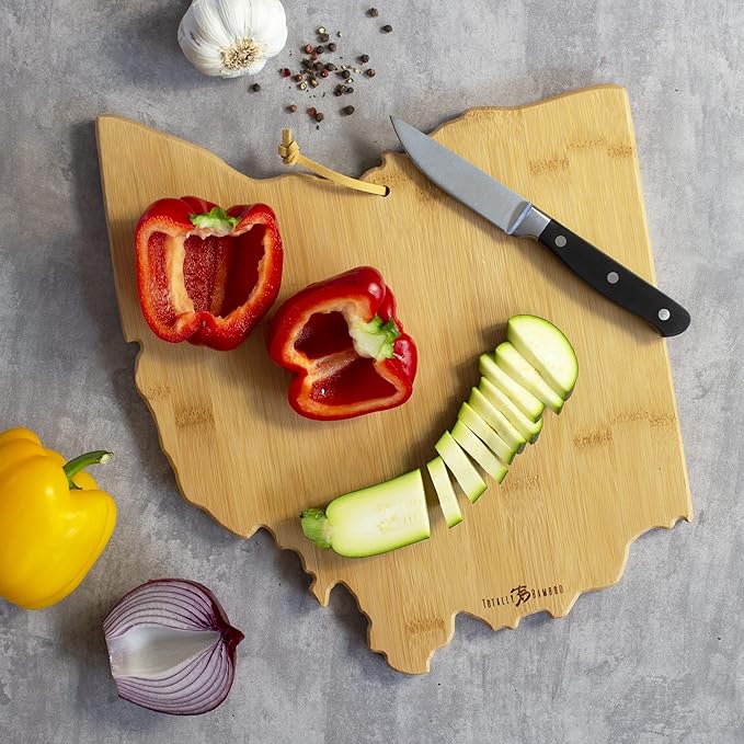 Totally Bamboo Ohio State Shaped Cutting Board and Charcuterie Serving Platter with Artwork by Fish Kiss, Includes Hang Tie for Wall Display