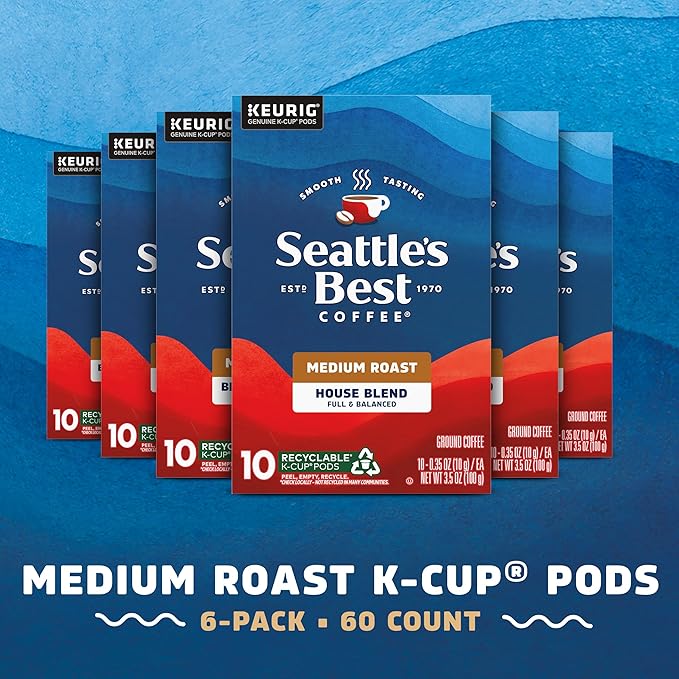 Seattle’s Best Coffee, Medium Roast K-Cup Coffee Pods, House Blend, 100% Arabica, 6 Boxes (60 Pods Total)