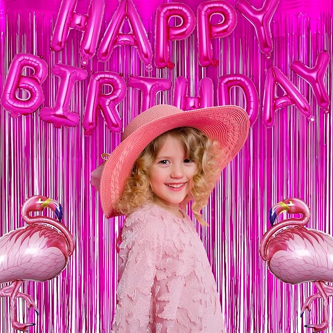 Hot Pink Party Streamers Backdrop - GREATRIL Shiny Fuchsia Tinsel Foil Fringe Curtain for Birthday/Flamingo/Fancy/Galentine/Breast Cancer Awareness Decorations - 3.2ft X 8.2ft - 2 Packs
