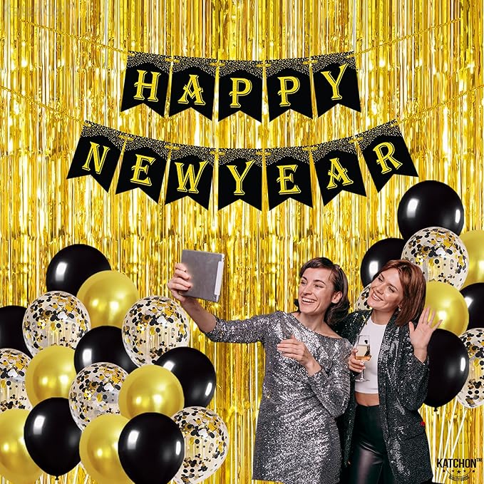 KatchOn, New Years Eve Party Supplies 2026 - Huge, Pack of 29 | Happy New Year Banner, Gold Fringe Backdrop Curtain, New Year Balloons Latex for New Years Decorations 2026 | Nye Decorations 2026