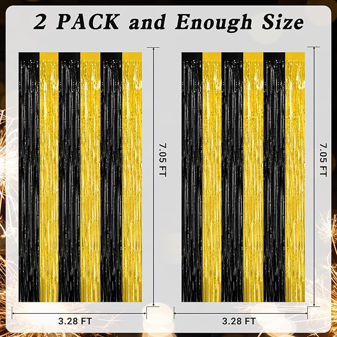 2 Pack Graduation Backdrop, 3.28 FT x 7.05 FT Black and Gold Foil Fringe Curtains, Metallic Foil Curtain Graduation Backdrop, Grad Party Supplies Black and Gold Party Decorations Class of 2026