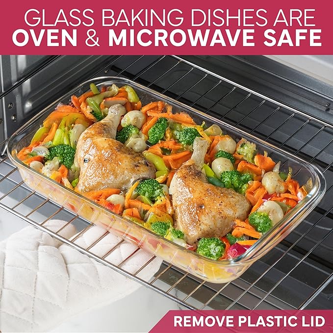 COOK WITH COLOR 8-Piece Deep Glass Baking Dish Set with Plastic Lids – Casserole and Food Storage Containers for Lasagna, Leftovers – Freezer-to-Oven, Microwave & Dishwasher Safe, Rose