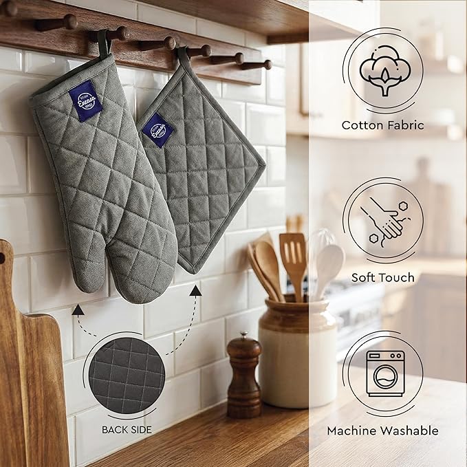 Encasa XO Heat Resistant 100% Cotton Oven Glove & Potholder Set with Loop, Kitchen Cooking Mittens, Microwave Safe Hot Pads (Grey)