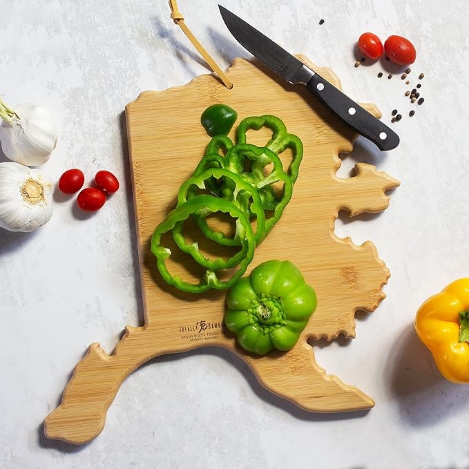 Totally Bamboo Alaska State Shaped Cutting Board and Charcuterie Serving Platter with Artwork by Fish Kiss, Includes Hang Tie for Wall Display