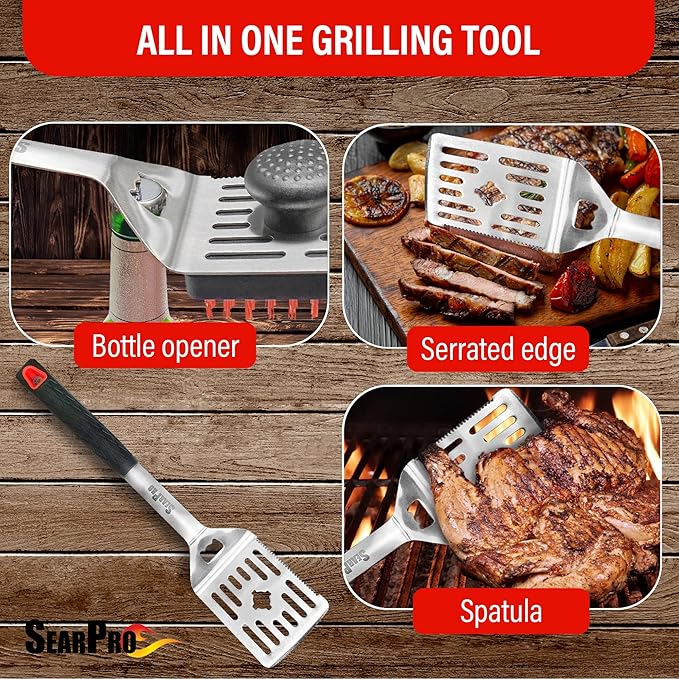 4-in-1 Grill Brush Combo by SearPro BBQ Cleaner Scraper Barbecue Tool Accessories Kit Heat Resistant Nylon Bristle Spatula Outdoor Smoker Black Stone Grate Cast Iron Spatula Non-Wire Brush (4 in 1)