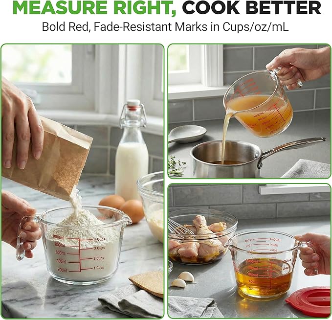 NutriChef 4 Cups Glass Measuring Cup with Lid (34 oz) - Heat-Resistant Borosilicate Liquid Measure Cup with Easy-Read Scale for Cooking, Baking and Food Storage, Dishwasher and Freezer Safe